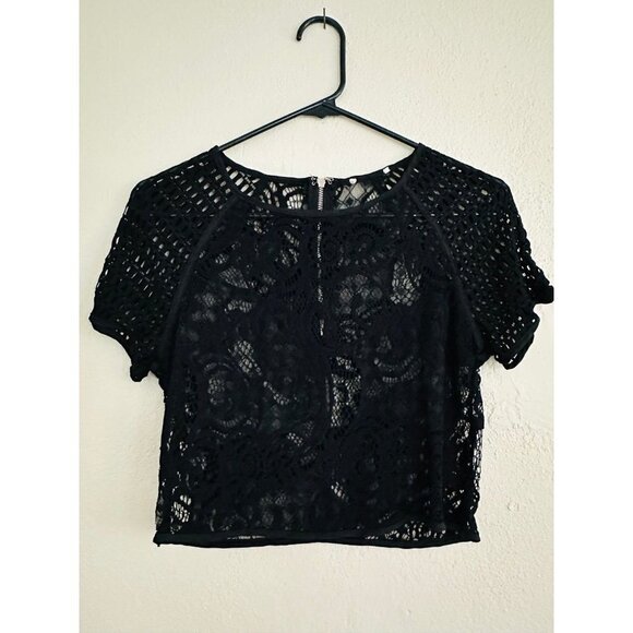 Boutique Tops - Women’s crop top small Black Crochet Lace sheer blouse shirt short sleeve zip up